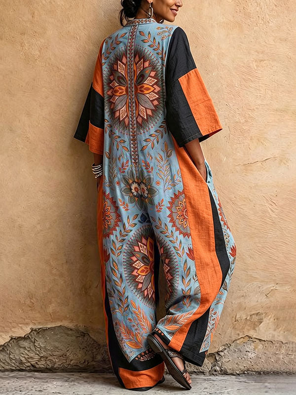 Floral V-Neck Pocket Three-Quarter Sleeve Jumpsuit