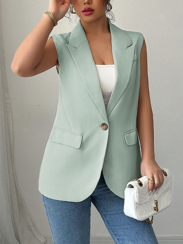 Notch-Collar Button-Detail Pocket Sleeveless Blazer