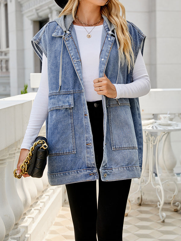 Hooded Button-Detail Pocket Sleeveless Vest