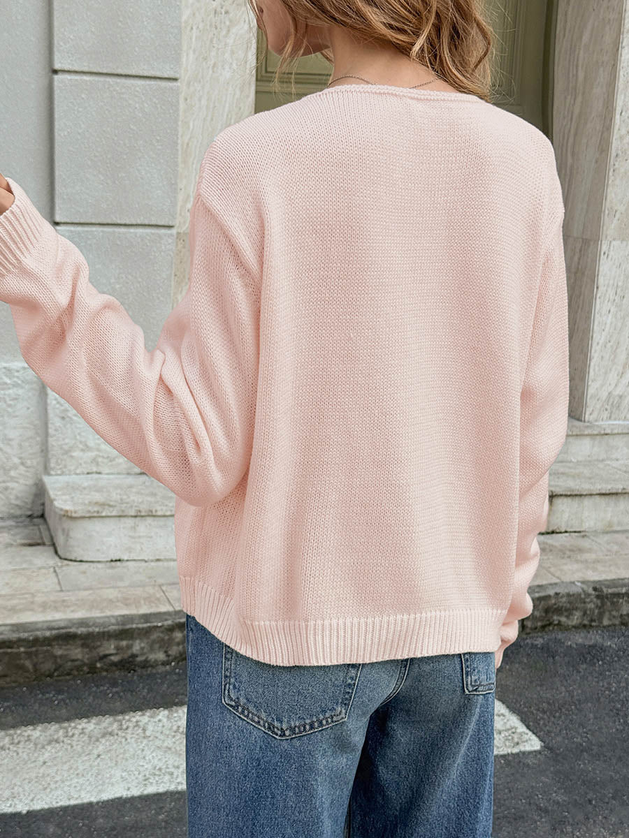 Round-Neck Button-Detail Pocket Long-Sleeve Cardigan