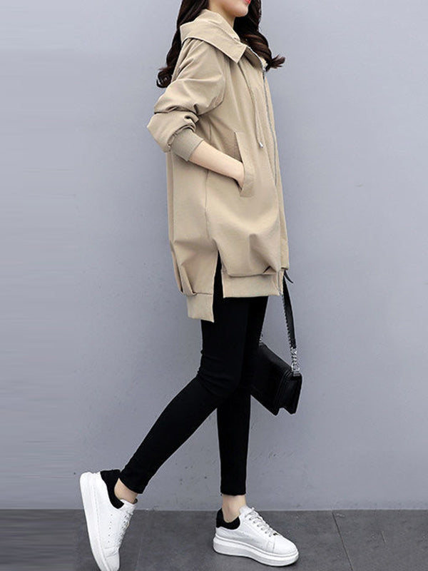 Hooded Pleated Zip Long-Sleeve Jacket