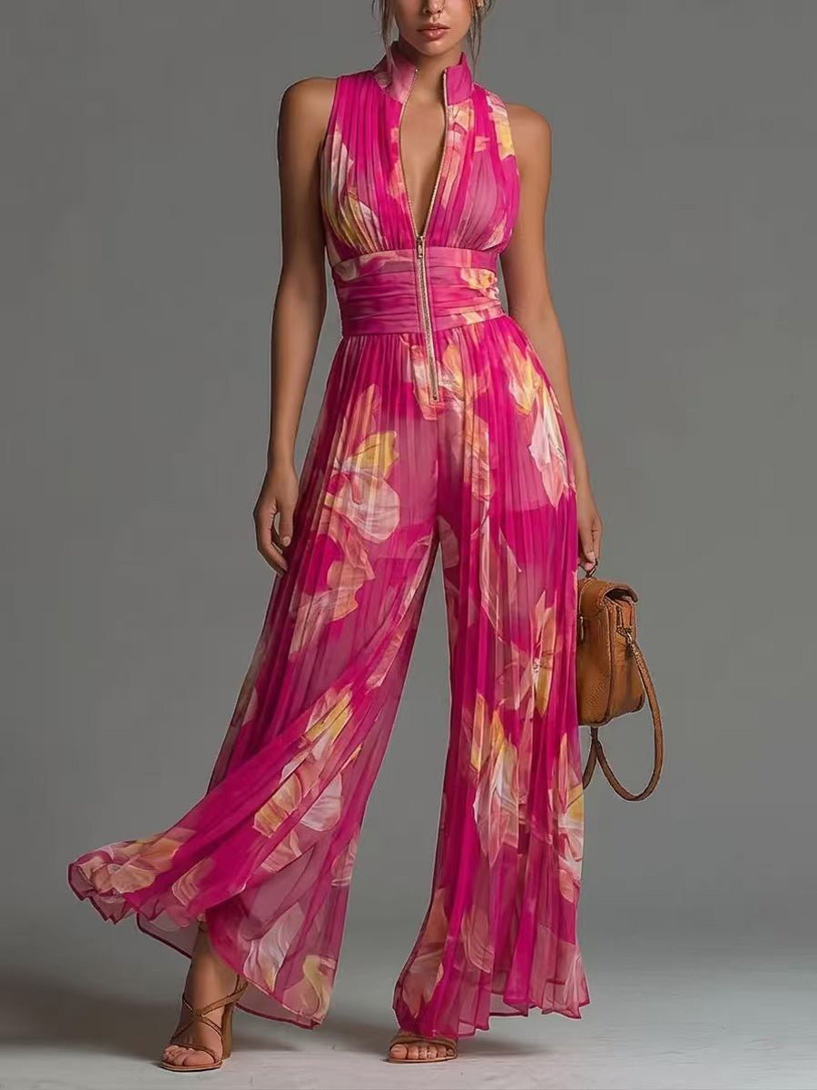 Floral High-Waist V-Neck Pleated Jumpsuit