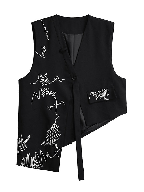 V-Neck Embroidered Asymmetric Button-Detail Vest