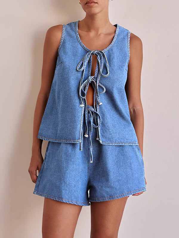 Lace Round-Neck Sleeveless Relaxed Vest