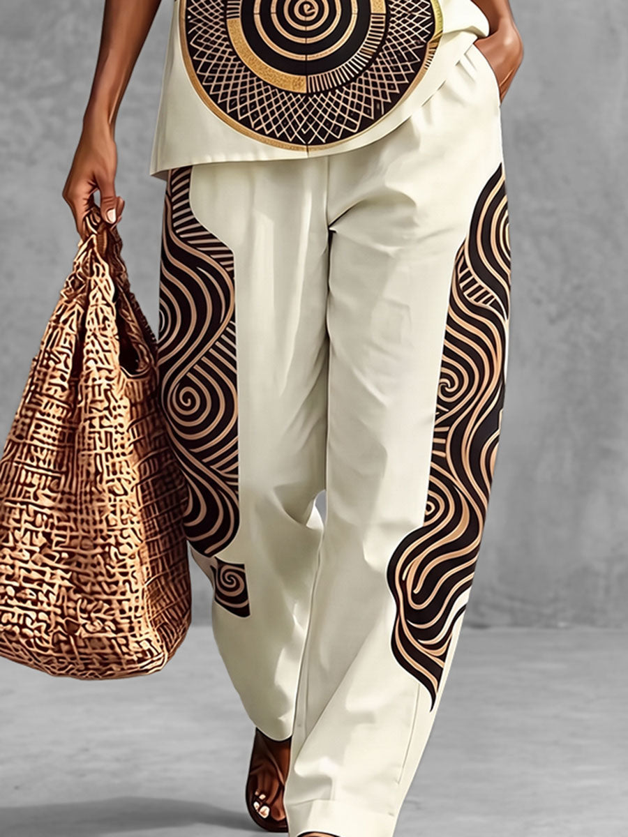 Printed Wide-Leg Pocket Elastic Pants