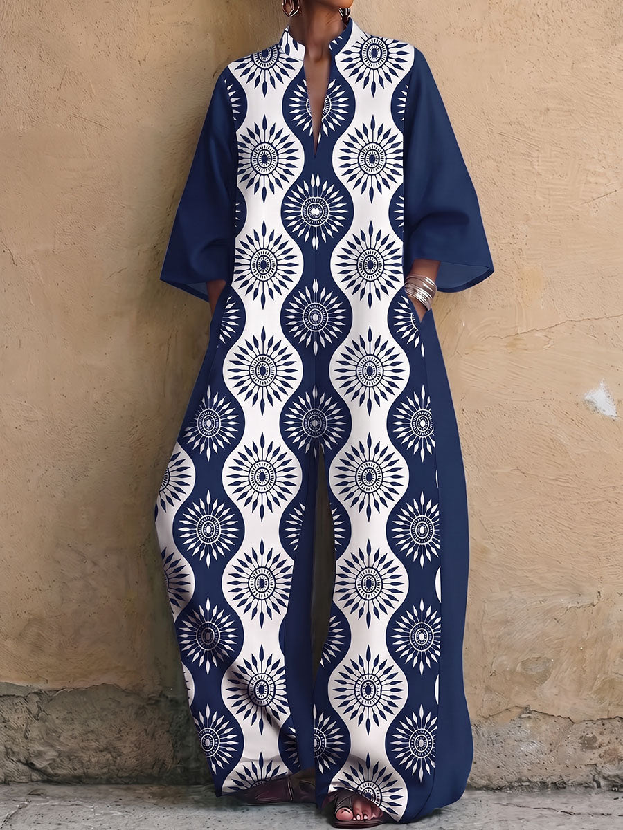 Printed Wide-Leg V-Neck Pocket Jumpsuit