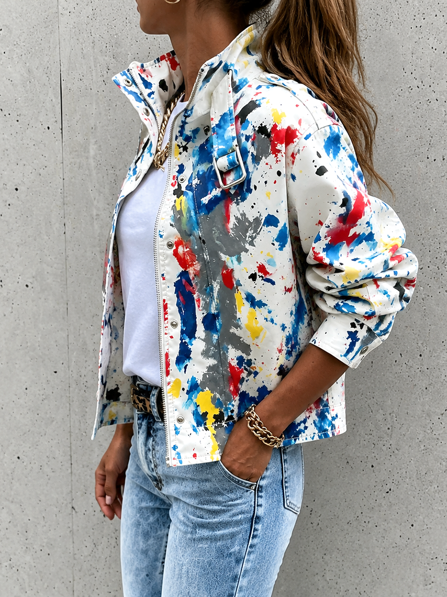 Printed Stand-Collar Button-Detail Zip Jacket