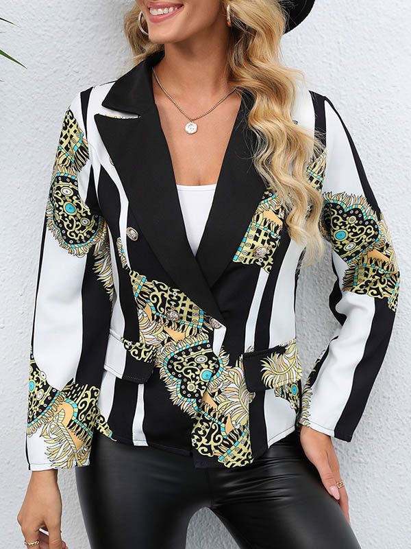 Printed Notch-Collar Button-Detail Pocket Blazer