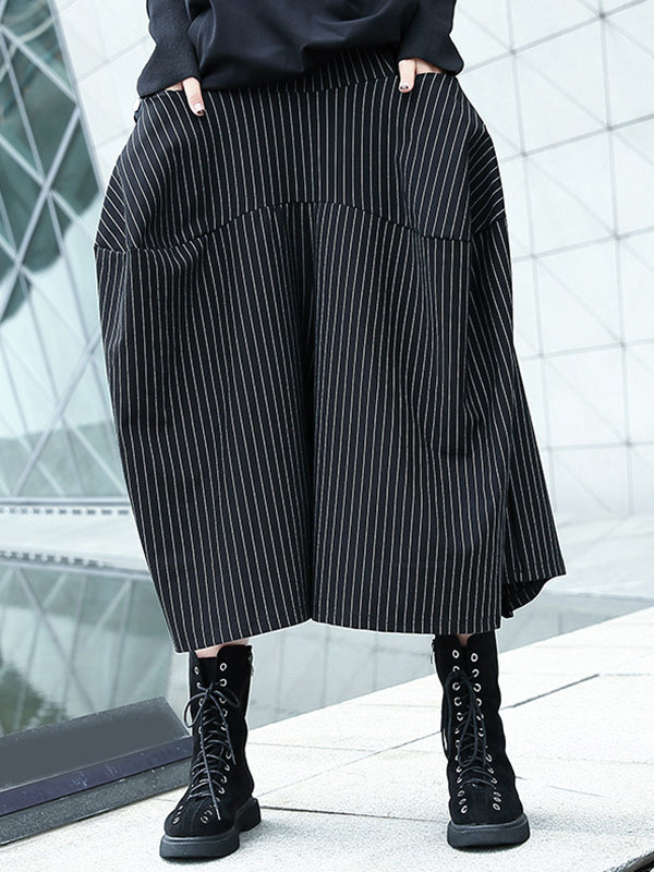 Striped High-Waist Pocket Elastic Culottes