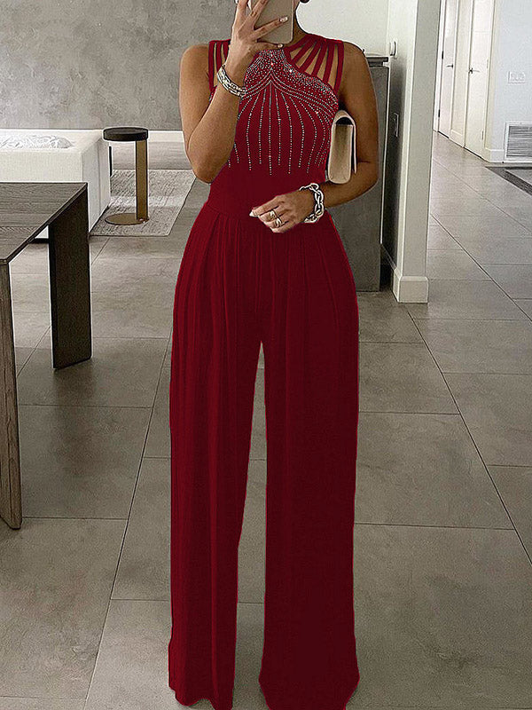 Wide-Leg Sleeveless Rhinestone Cut-Out Jumpsuit