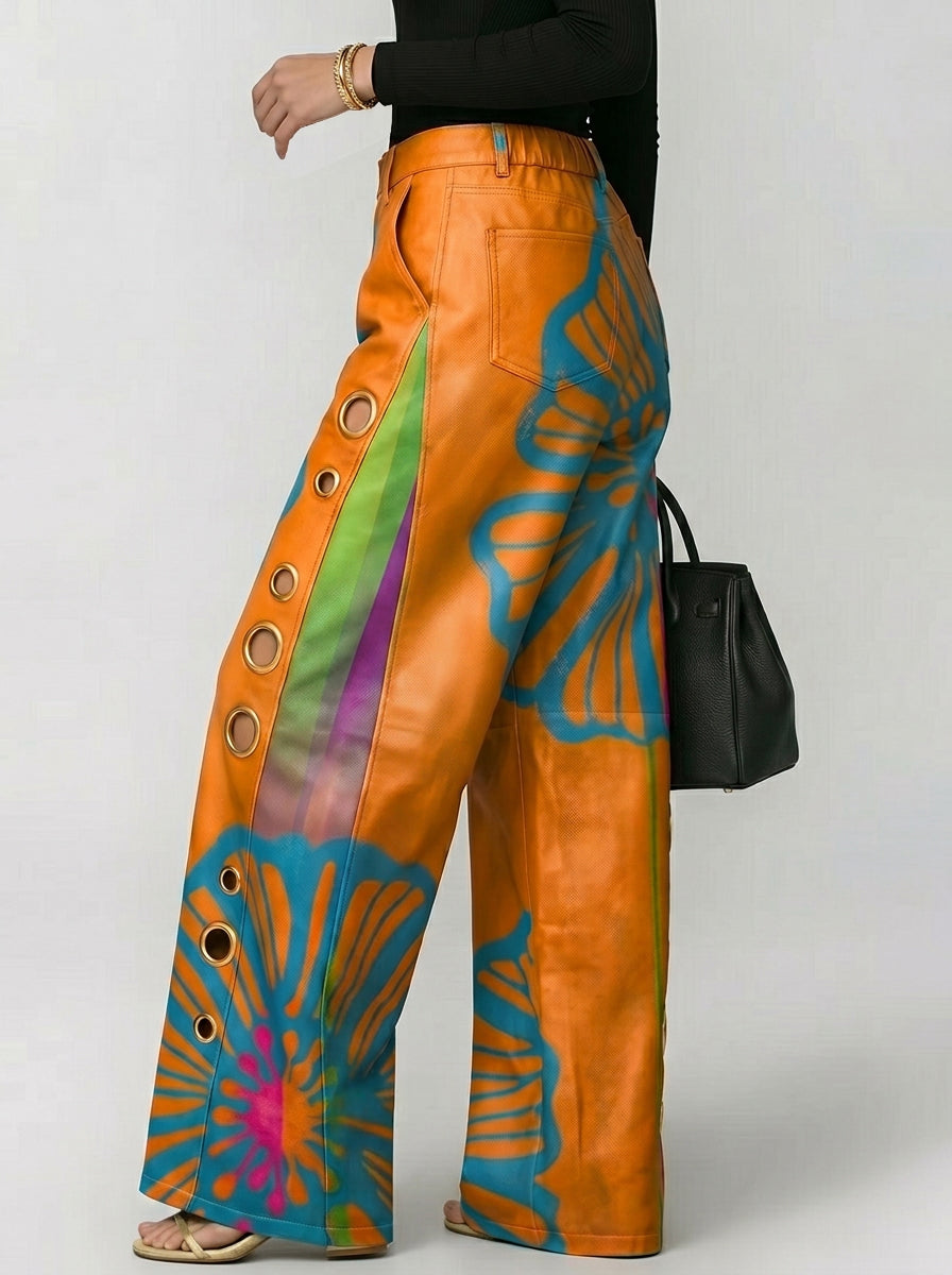 Printed Wide-Leg Button-Detail Cut-Out Pants