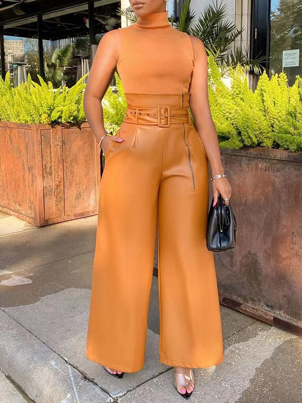 Wide-Leg High-Waist Zip Belted Belt