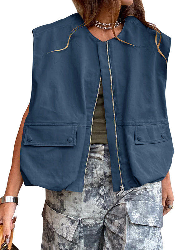 Round-Neck Zip Pocket Sleeveless Vest