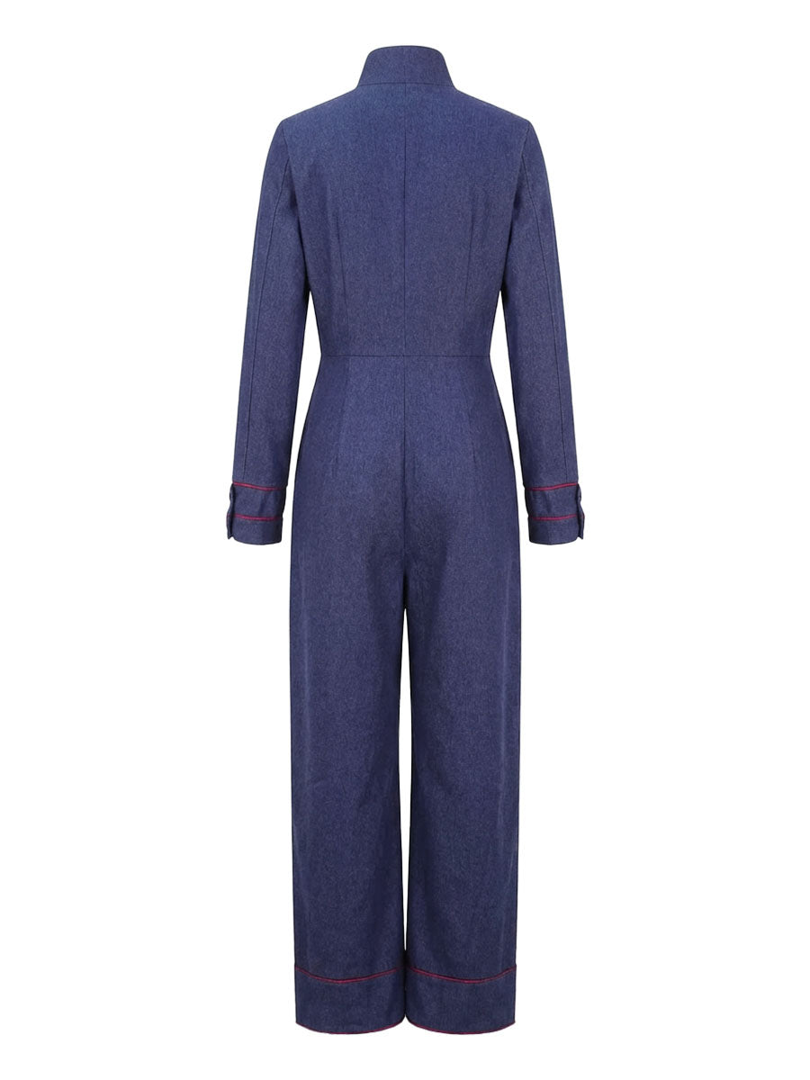 Wide-Leg Stand-Collar Zip Long-Sleeve Jumpsuit