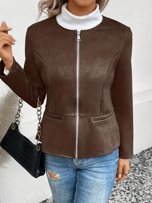 Round-Neck Zip Pocket Long-Sleeve Jacket