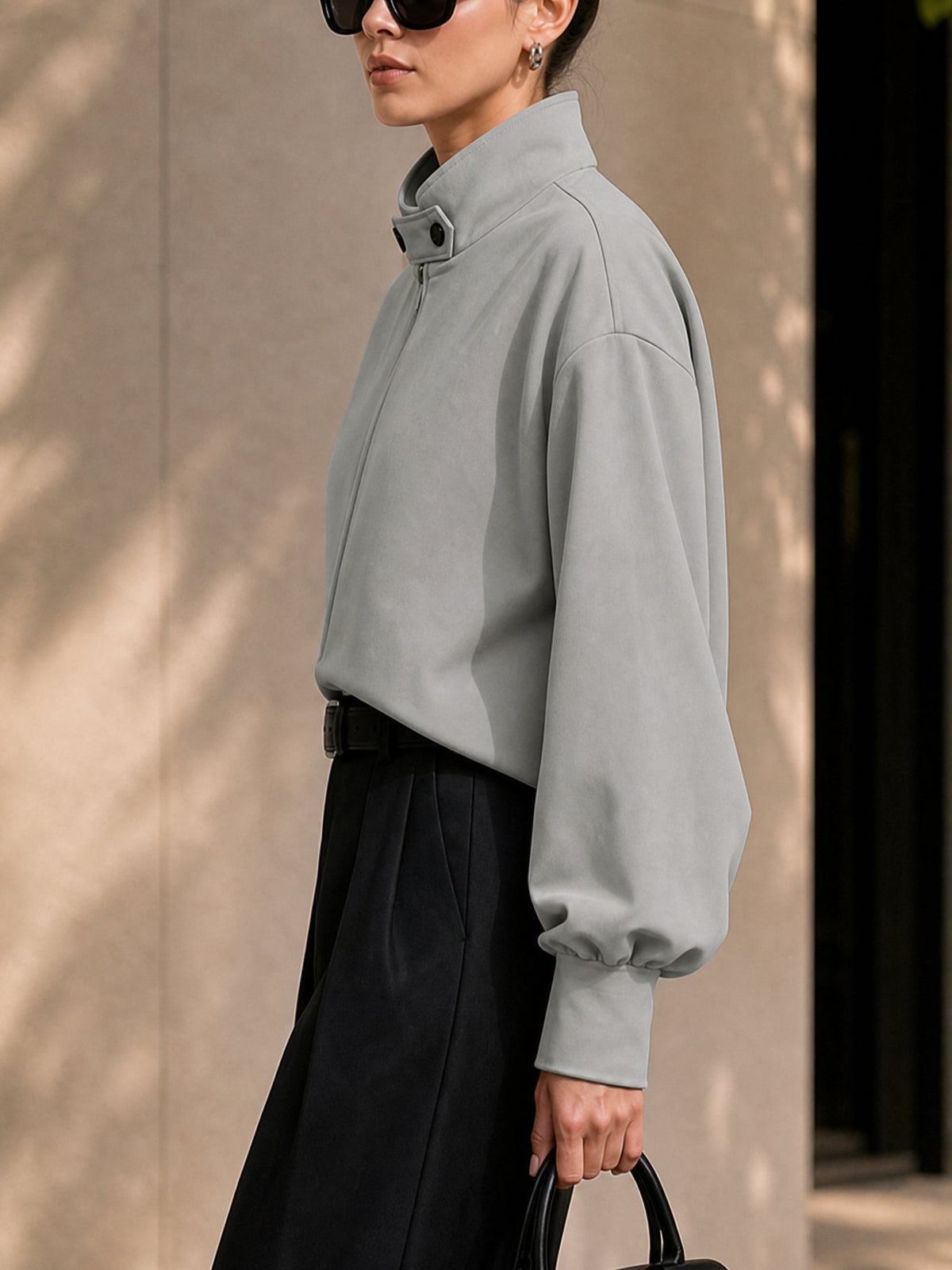 Stand-Collar Zip Long-Sleeve Relaxed Jacket