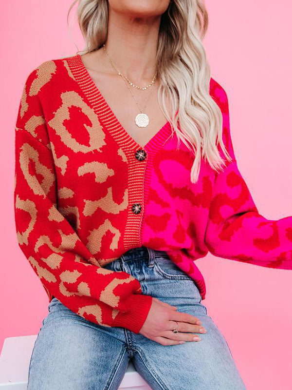 Leopard Print V-Neck Button-Detail Long-Sleeve Cardigan