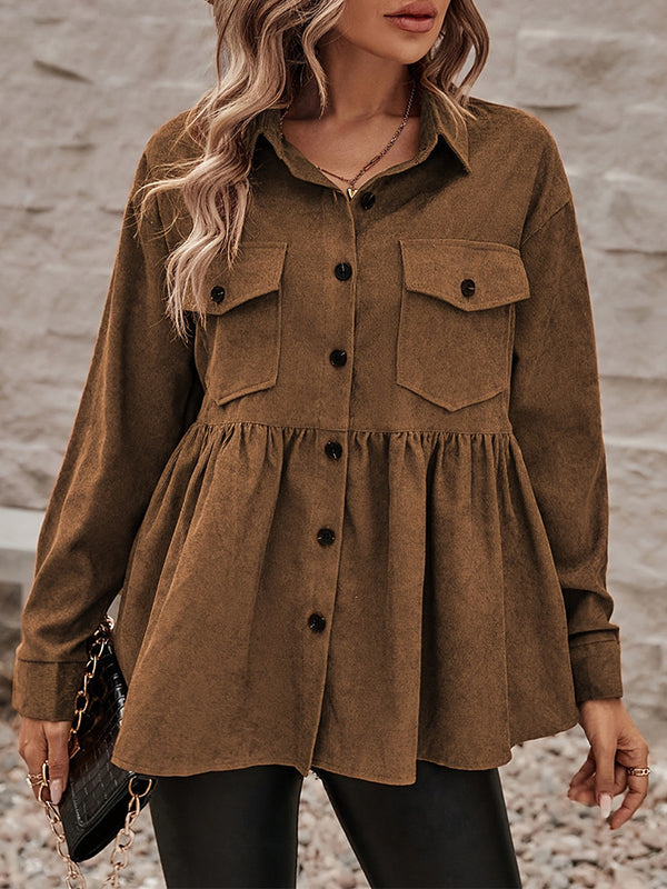Pleated A-Line Button-Detail Pocket Jacket