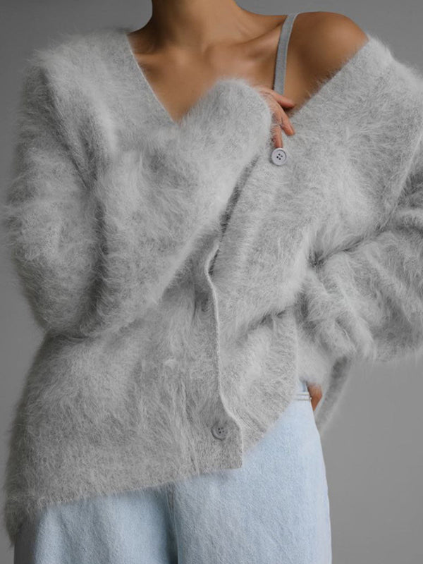 V-Neck Button-Detail Long-Sleeve Relaxed Cardigan