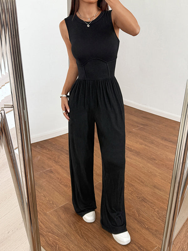 High-Waist Round-Neck Relaxed Jumpsuit