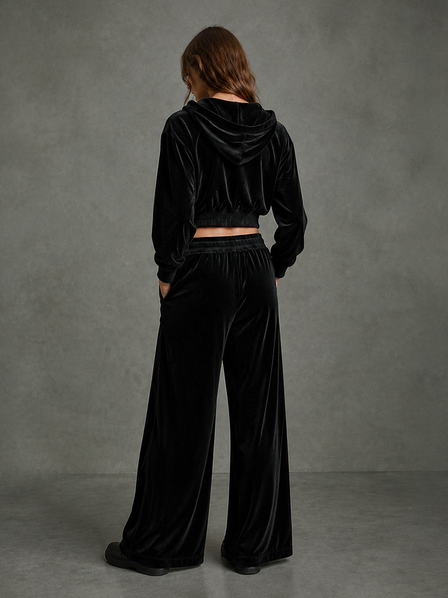 Velvet Wide-Leg Pocket Elastic Pants