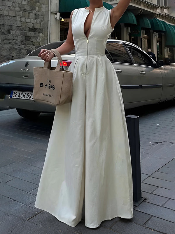 High-Waist V-Neck Zip Pocket Jumpsuit
