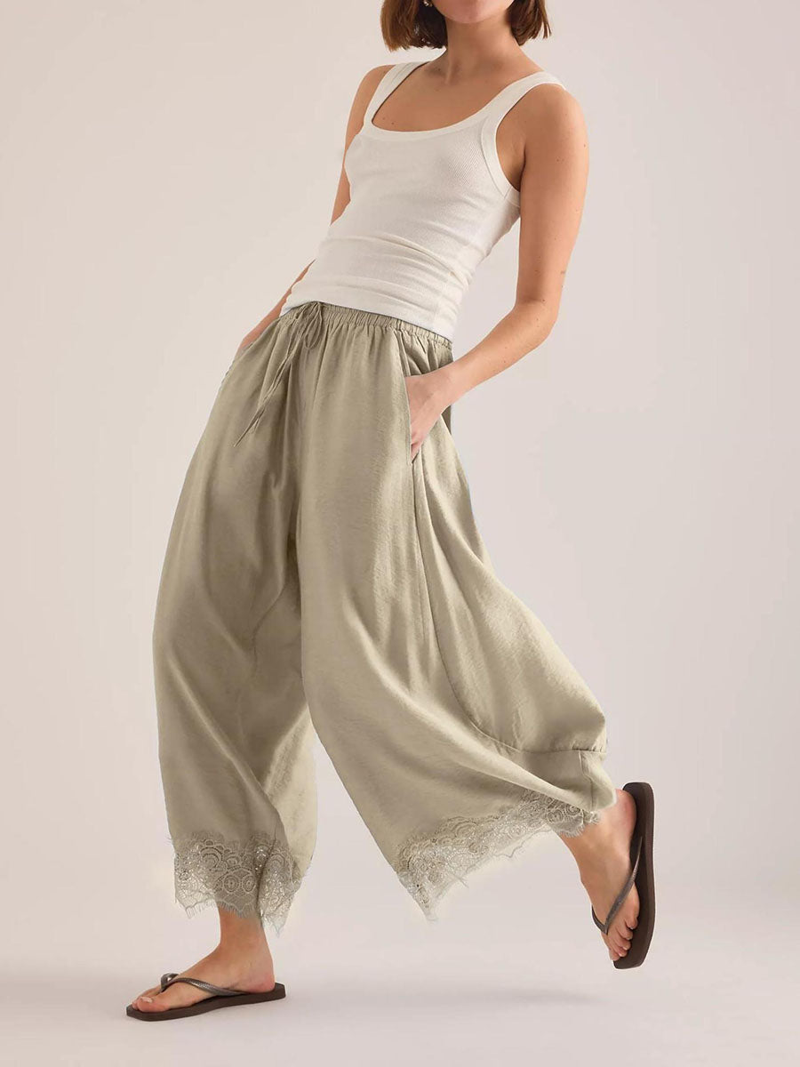 Wide-Leg Drawstring Pocket Elastic Pants