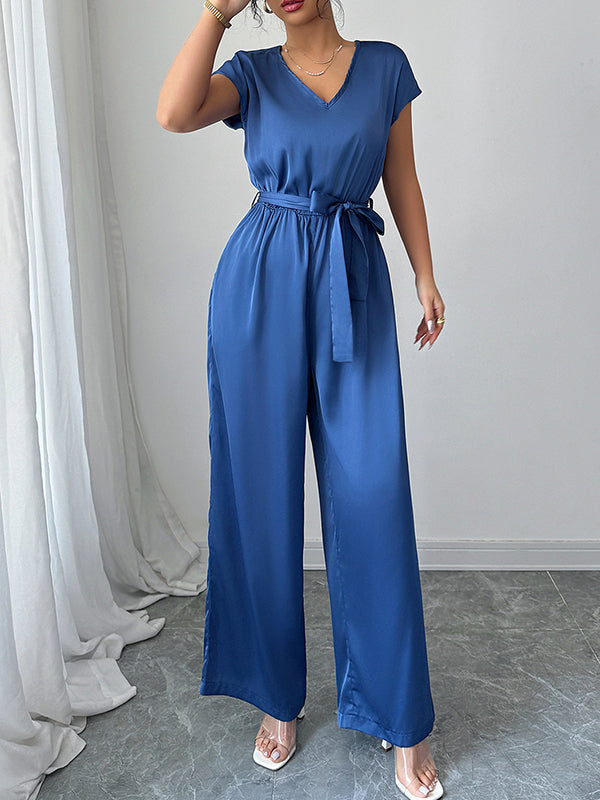 High-Waist V-Neck Pleated Open-Back Jumpsuit