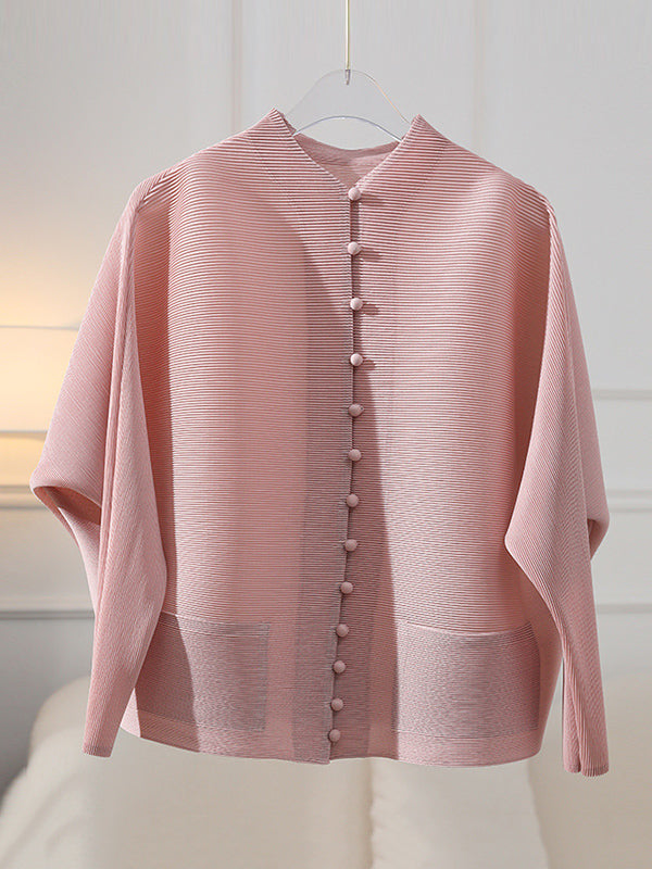 Round-Neck Pleated Button-Detail Pocket Jacket