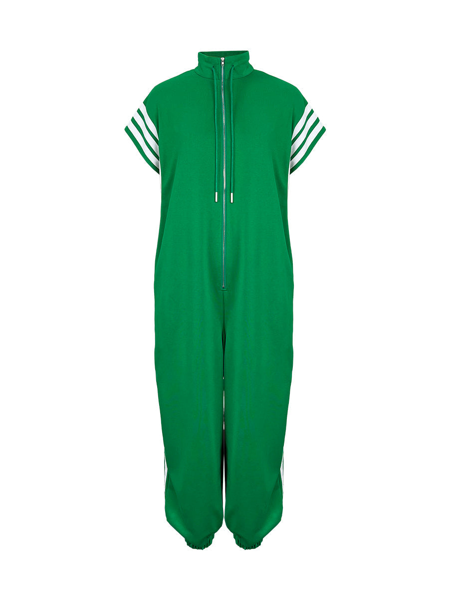 Striped Plus Size Stand-Collar Zip Jumpsuit