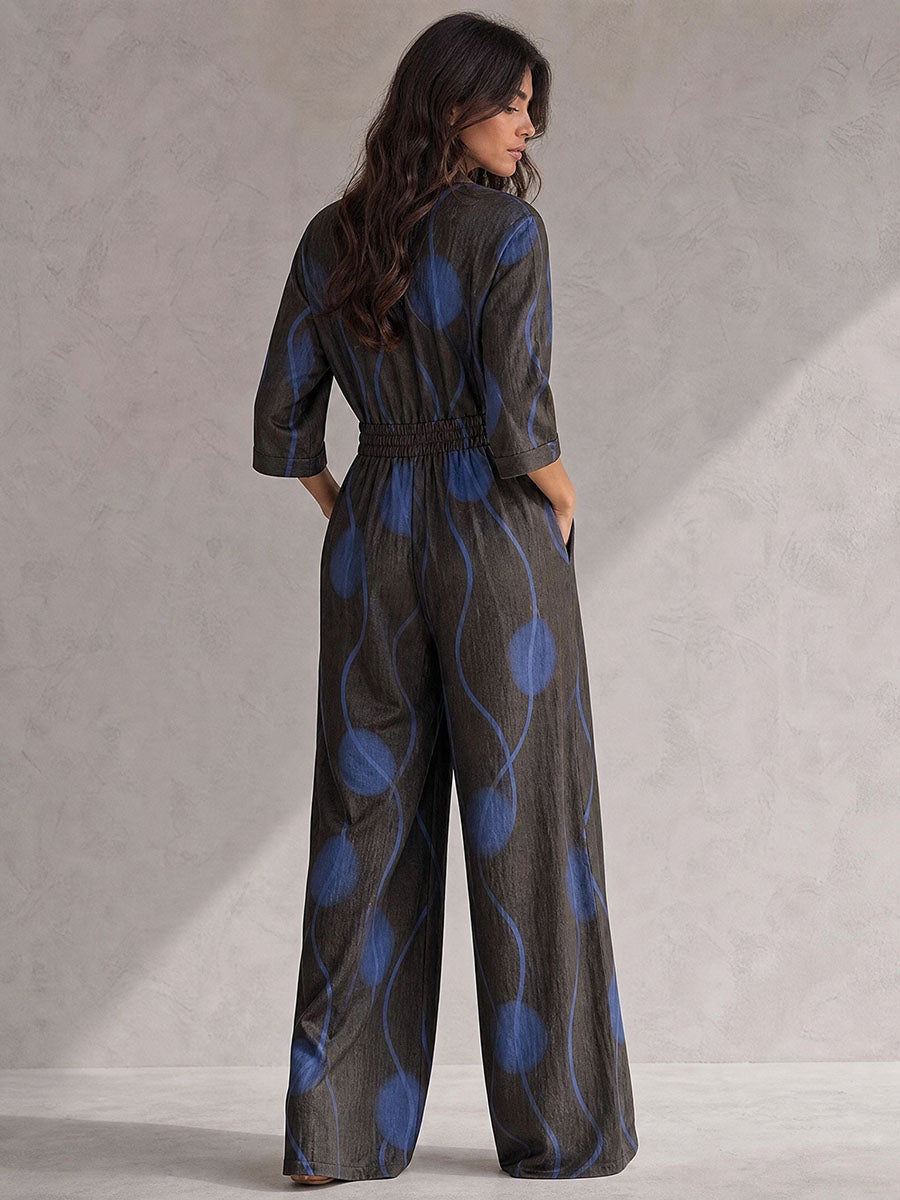 Wide-Leg V-Neck Button-Detail Pocket Jumpsuit