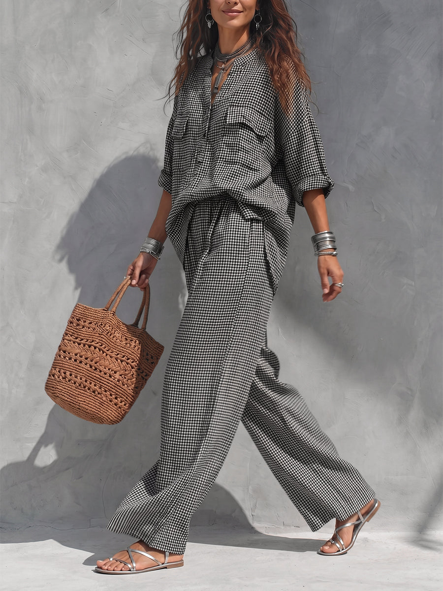 Checked Wide-Leg Pocket Elastic Pants