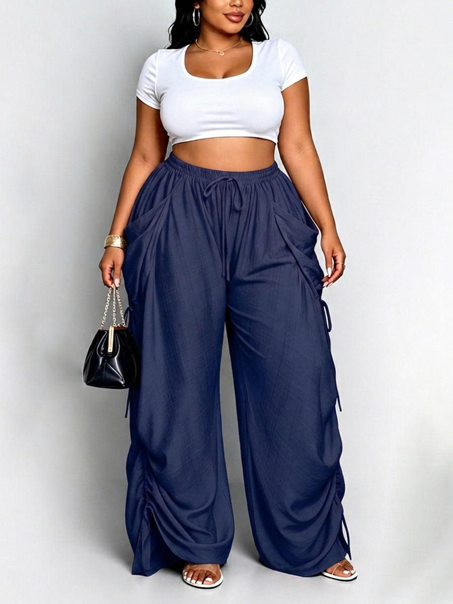 High-Waist Drawstring Pocket Elastic Pants