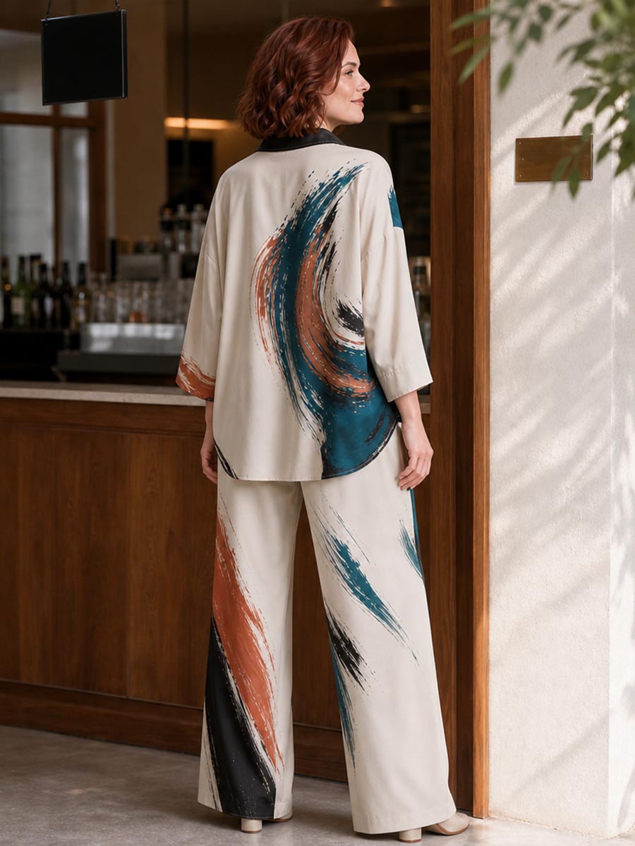 Printed Wide-Leg Pocket Elastic Pants