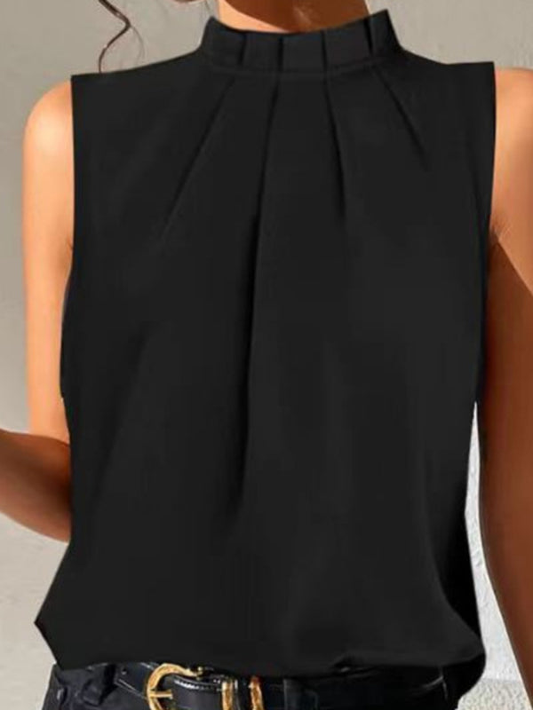 Stand-Collar Pleated Sleeveless Relaxed Vest