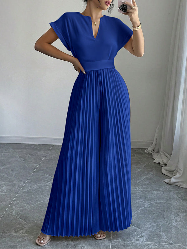 V-Neck Pleated Short-Sleeve Relaxed Jumpsuit