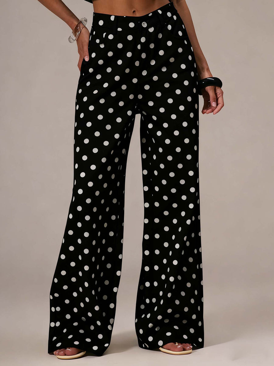 Polka Dot Wide-Leg High-Waist Button-Detail Belt
