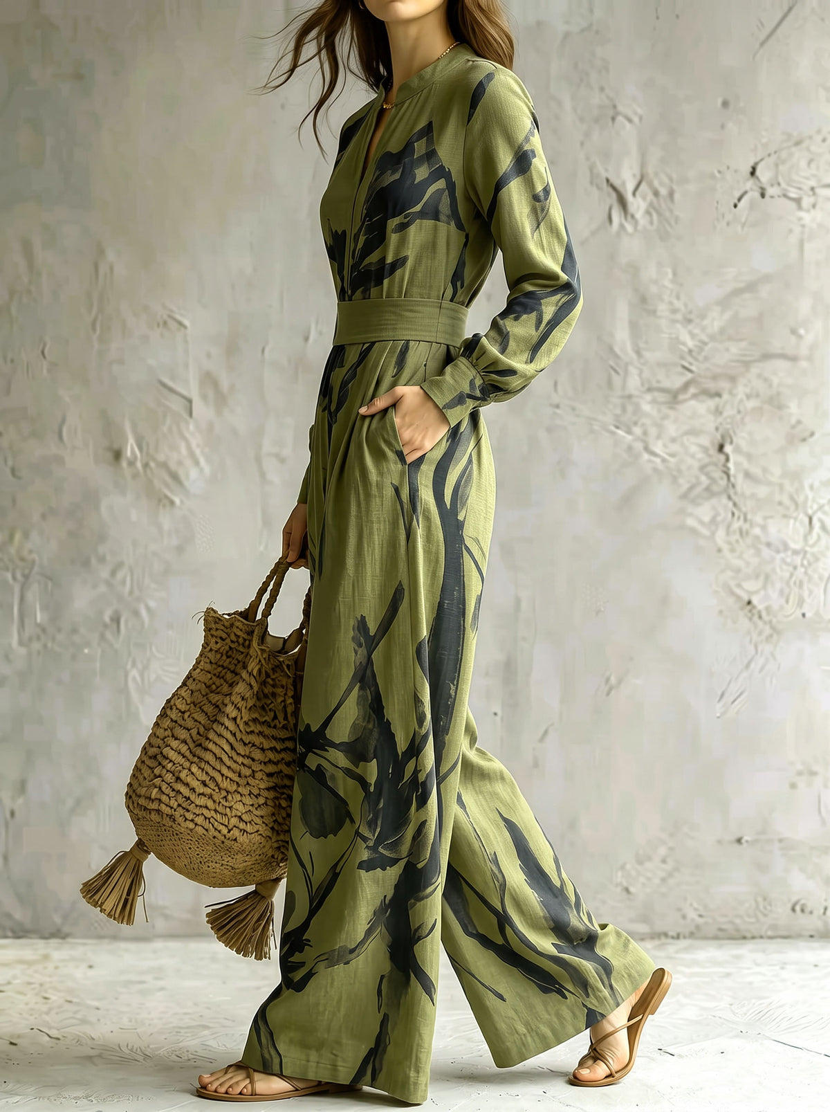 Printed Wide-Leg V-Neck Zip Jumpsuit