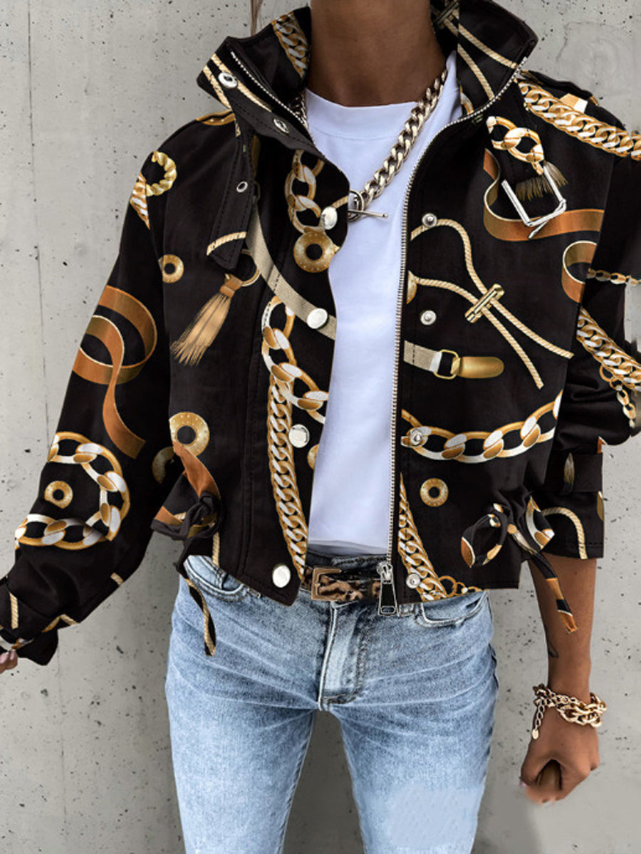 Printed Stand-Collar Drawstring Button-Detail Jacket