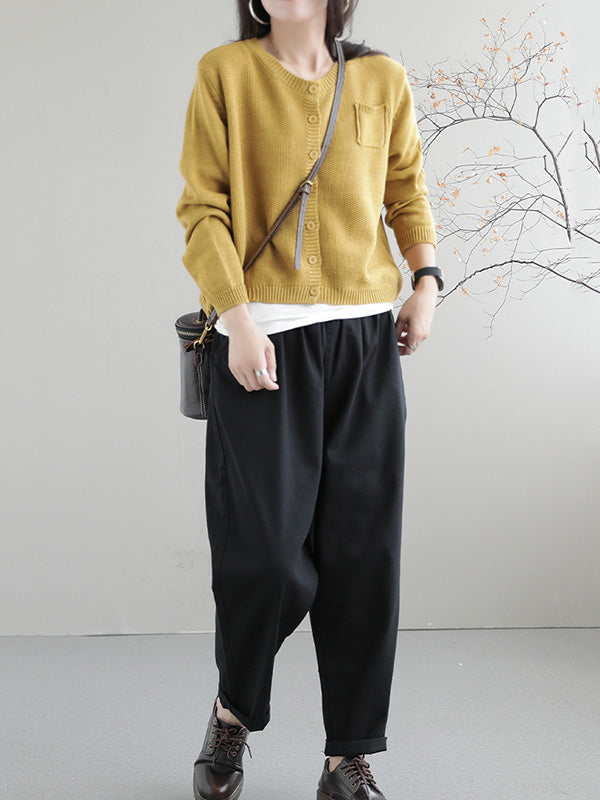 Round-Neck Button-Detail Long-Sleeve Relaxed Cardigan