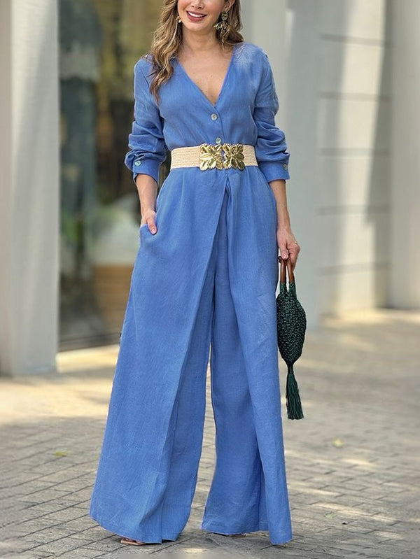High-Waist V-Neck Button-Detail Pocket Jumpsuit