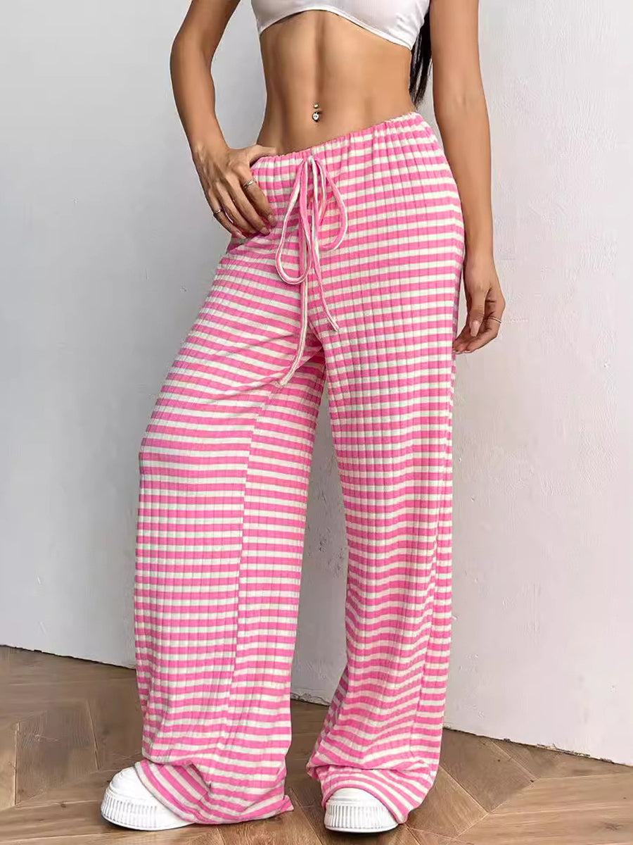 Striped High-Waist Drawstring Contrast Pants