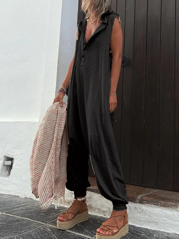 V-Neck Hooded Button-Detail Relaxed Jumpsuit