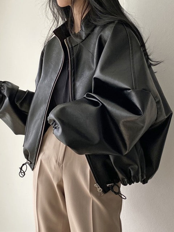 Stand-Collar Drawstring Zip Long-Sleeve Jacket