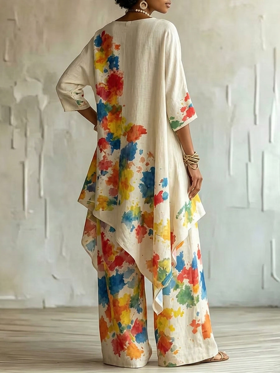 Printed Wide-Leg High-Waist Pocket Pants