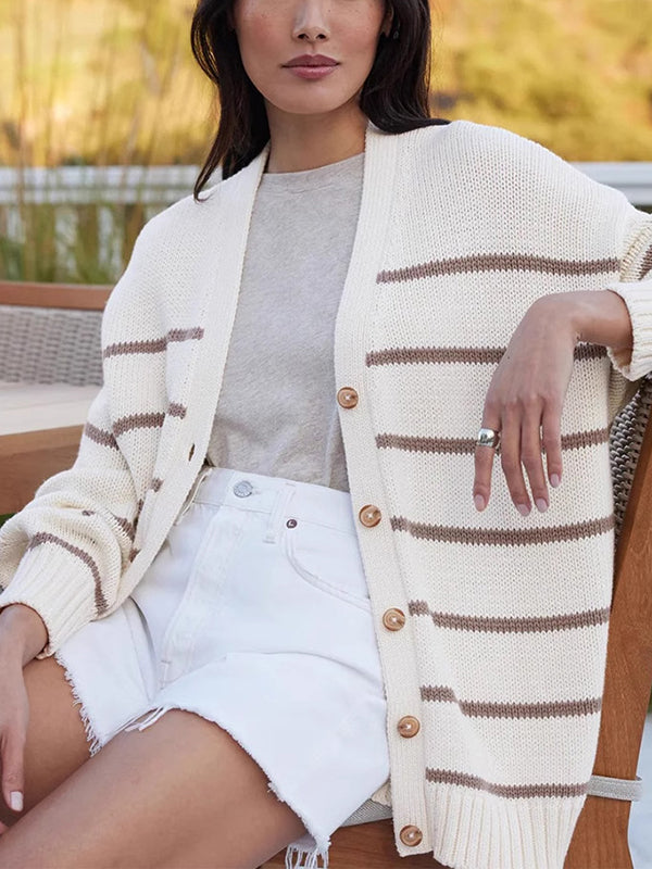 Striped V-Neck Long-Sleeve Relaxed Cardigan