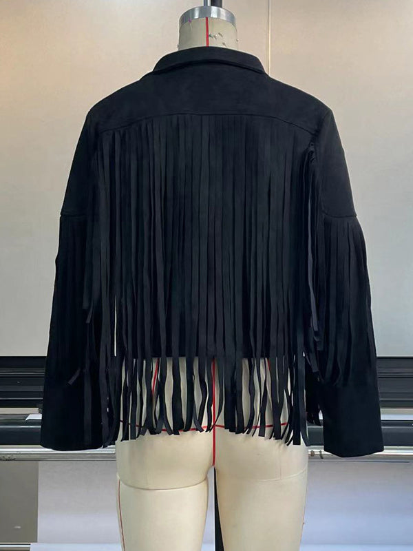 Notch-Collar Fringe Long-Sleeve Jacket