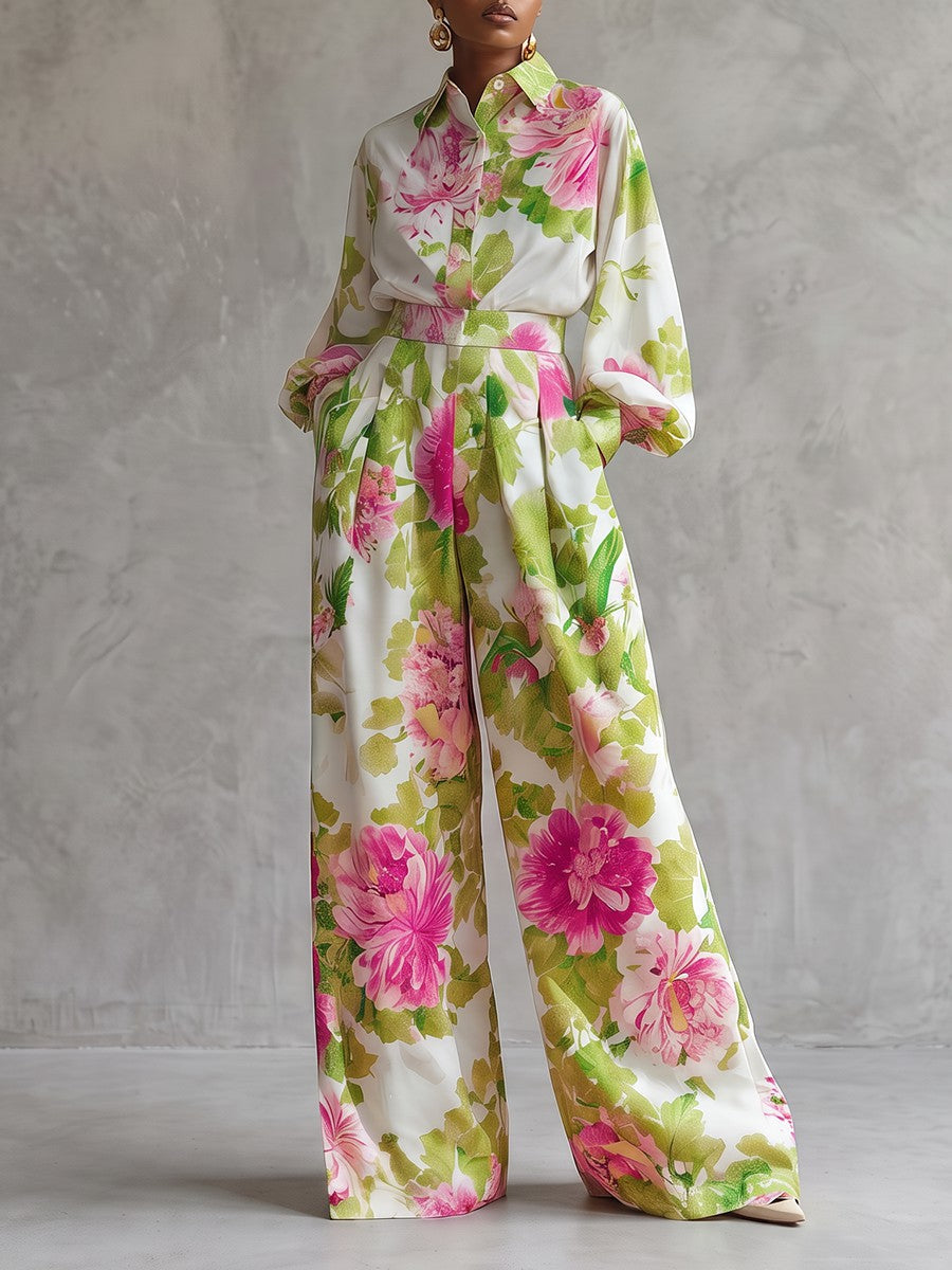 Floral Wide-Leg Pleated Pocket Pants