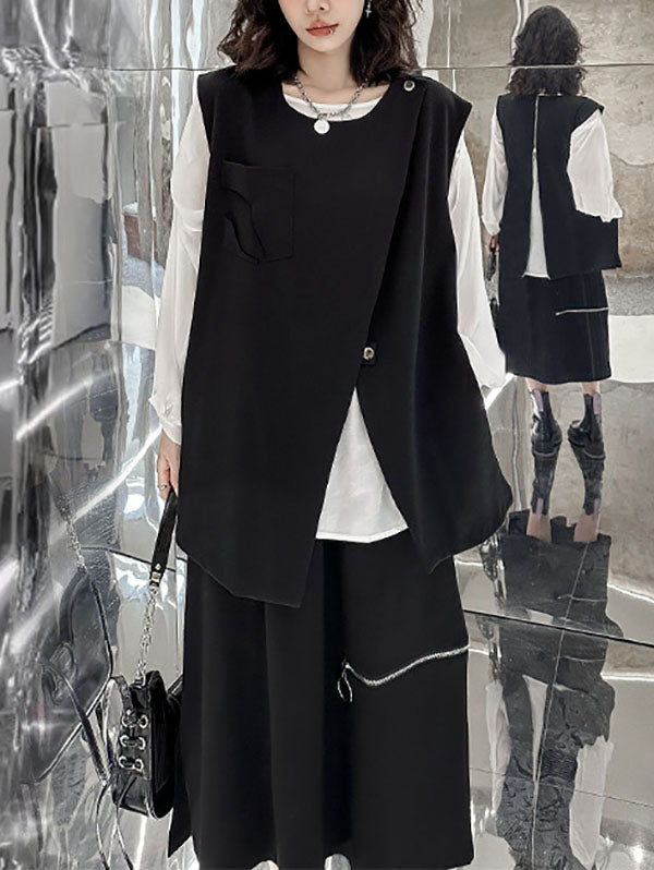 Round-Neck Asymmetric Zip Sleeveless Vest