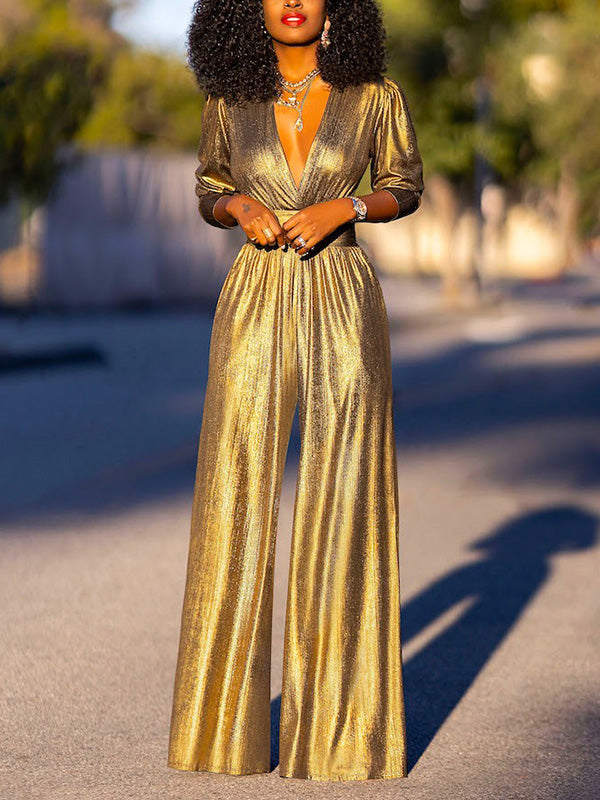 High-Waist V-Neck Three-Quarter Sleeve Jumpsuit